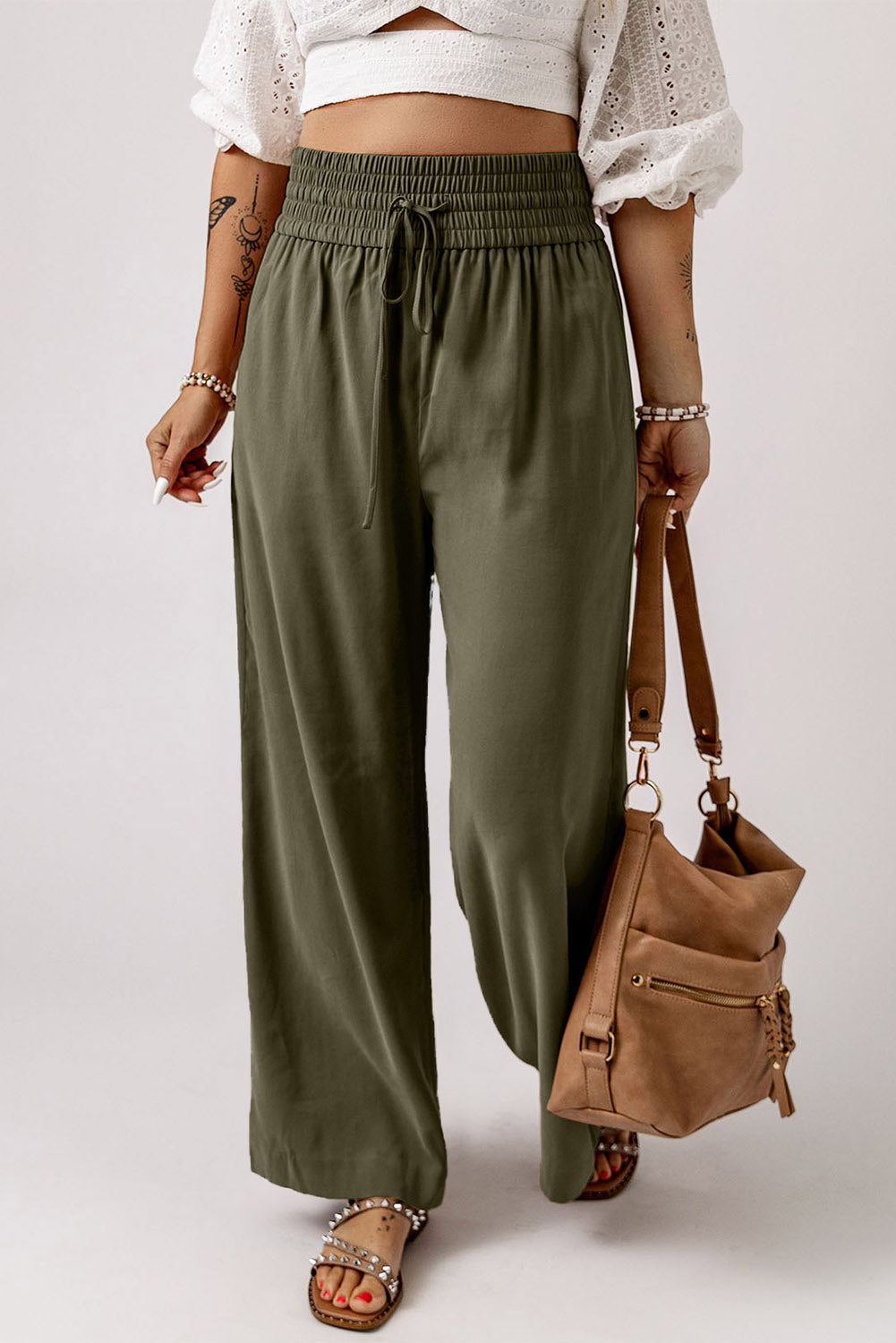 Brown Drawstring Elastic Waist Casual Wide Leg Pants Bottoms/Pants & Culotte