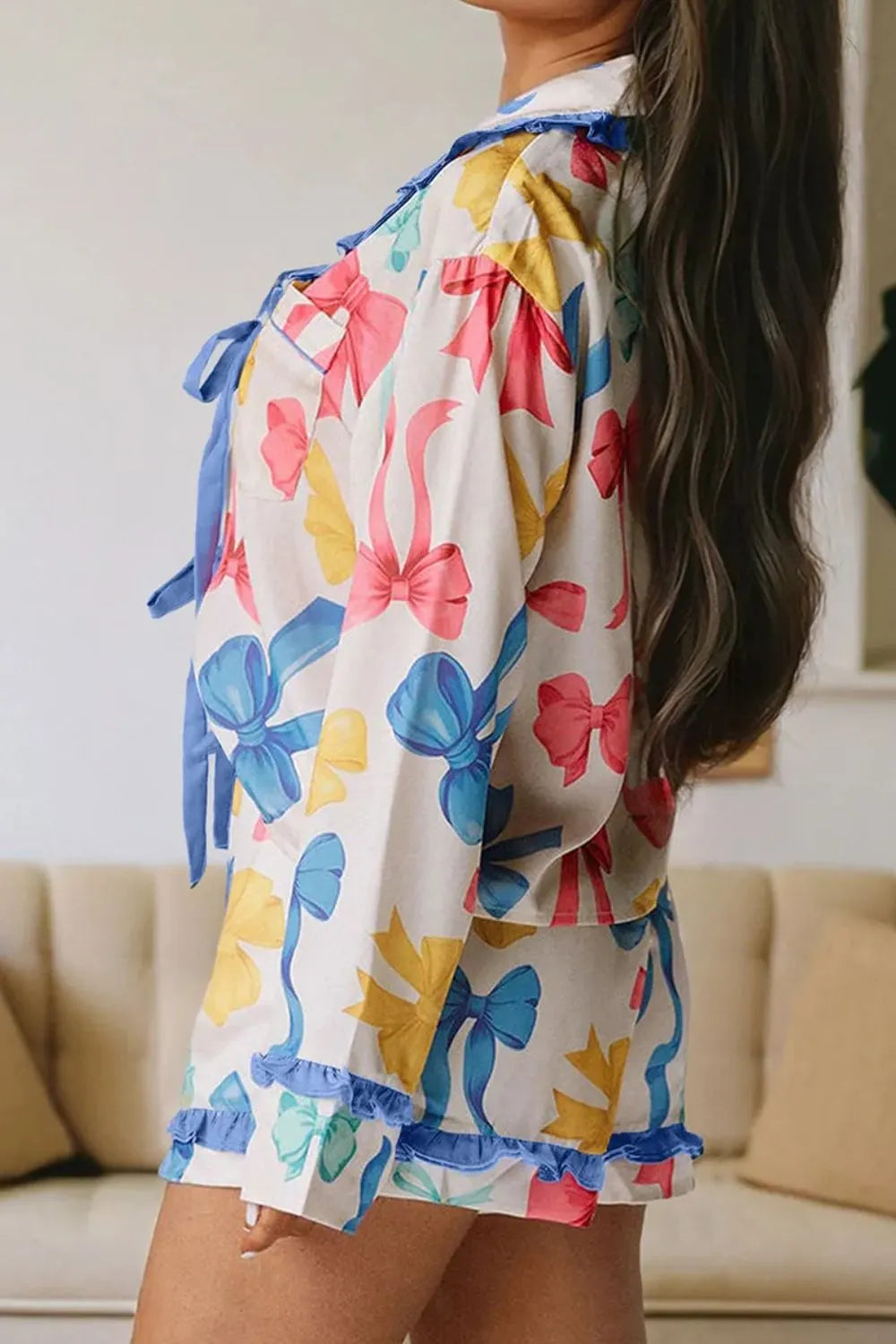 Bow Print Collared Neck Top and Shorts Lounge Set Lingerie & Nightwear