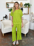 Double Take Full Size Texture Round Neck Short Sleeve T-Shirt and Wide Leg Pants 