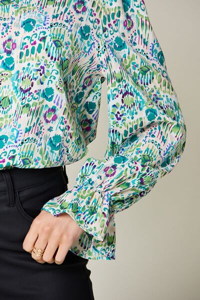 Double Take Full Size Printed Flounce Sleeve Blouse 
