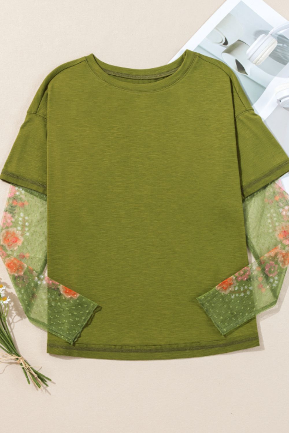 Faux Two Piece Floral Long Sleeve Patchwork Top 