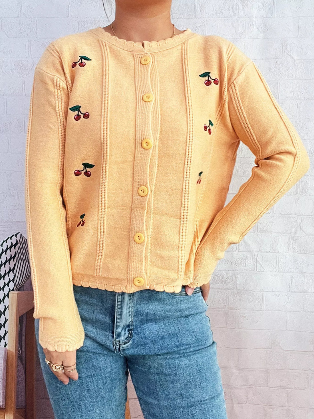 Cherry Embroidered Button Up Cardigan 