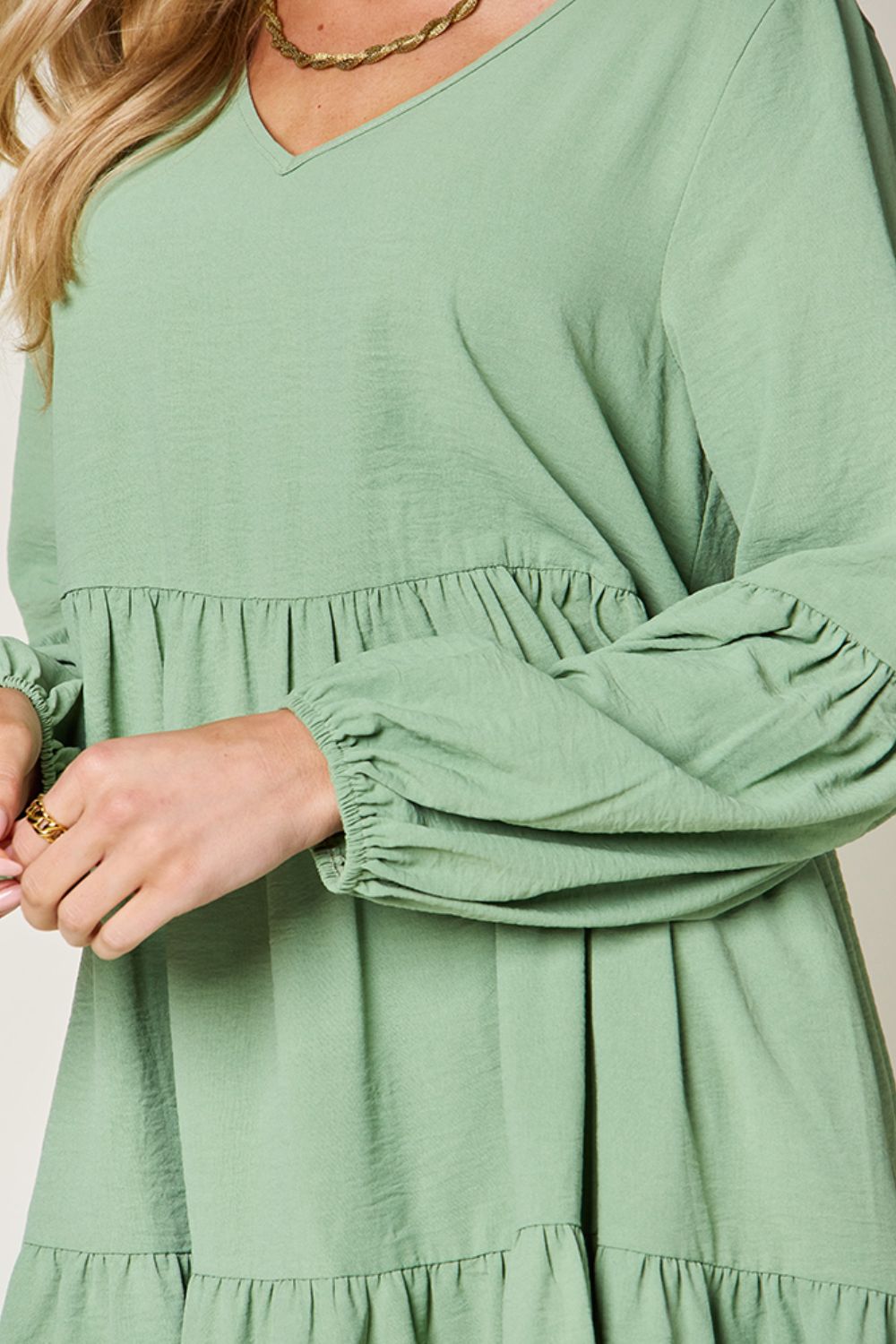 Double Take Full Size V-Neck Balloon Sleeve Tiered Dress with Pockets 