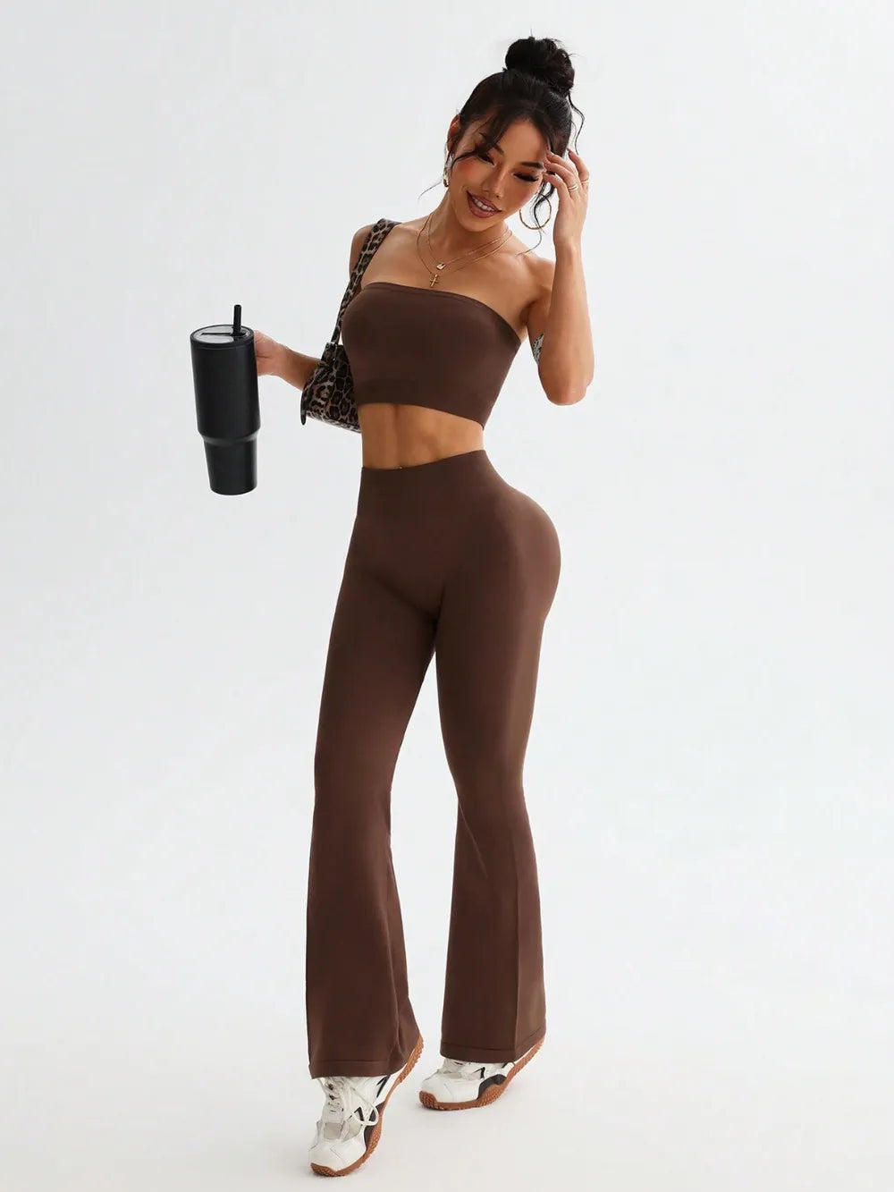 Tube Top and High Waist Flare Pants Active Set 