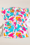 Plus Size Ruffled Printed Notched Cap Sleeve Blouse 