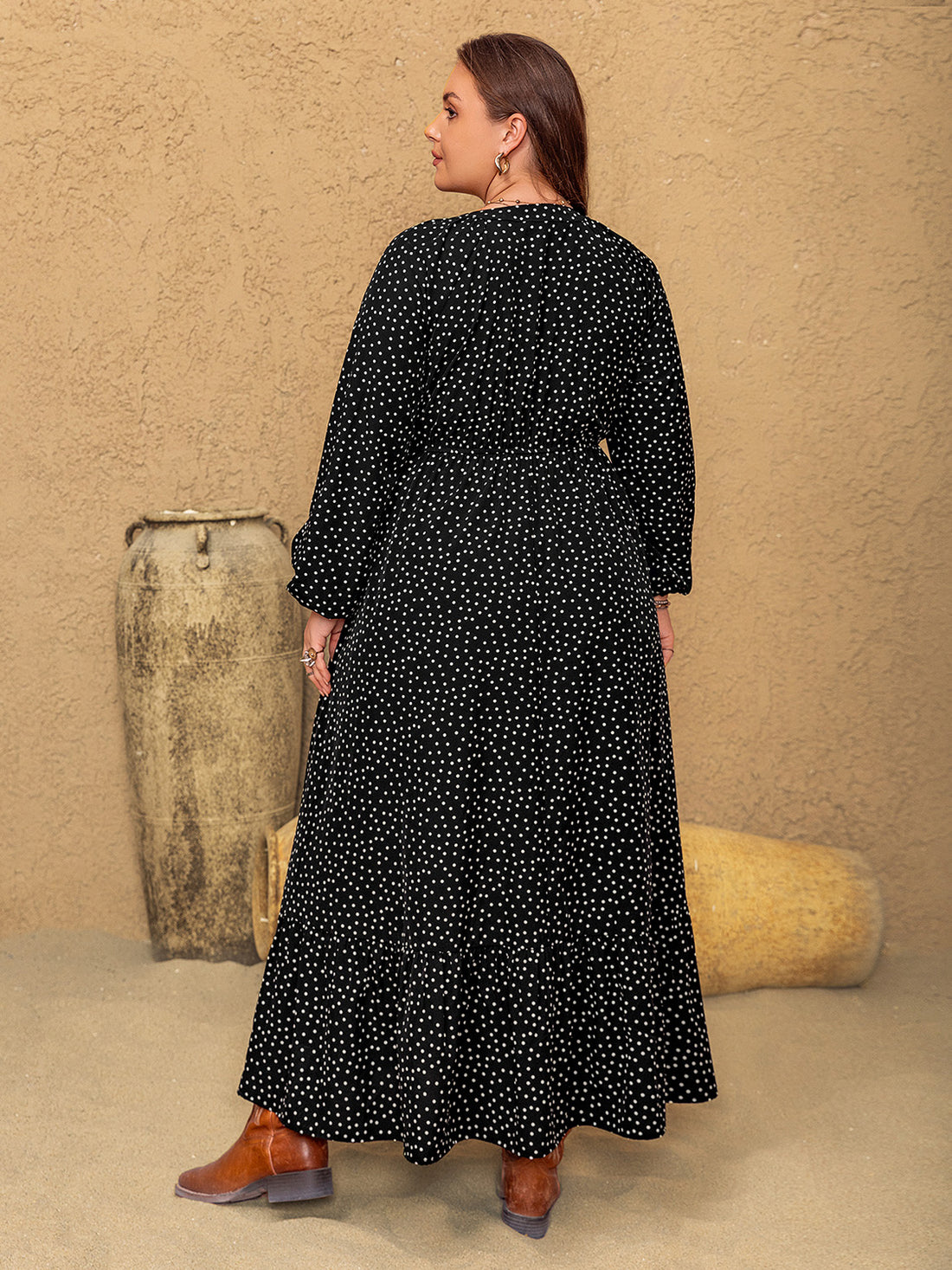 Plus Size Embroidered Polka Dot Notched Long Sleeve Dress 