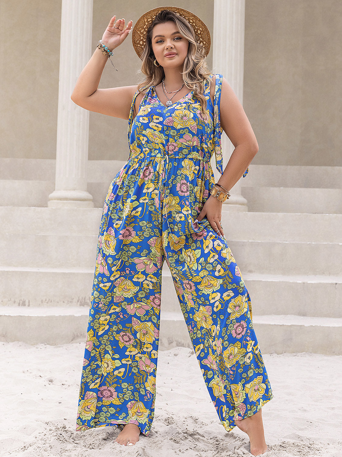 Plus Size Printed V-Neck Wide Leg Jumpsuit 
