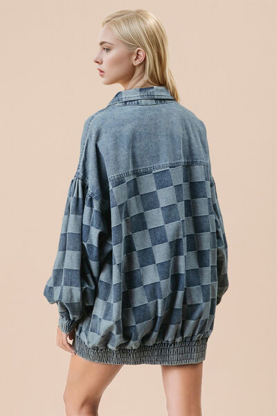 Double Take Checkered Button Up Denim Jacket 