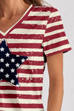 FAM-FAM Striped V-Neck Short Sleeve T-Shirt 