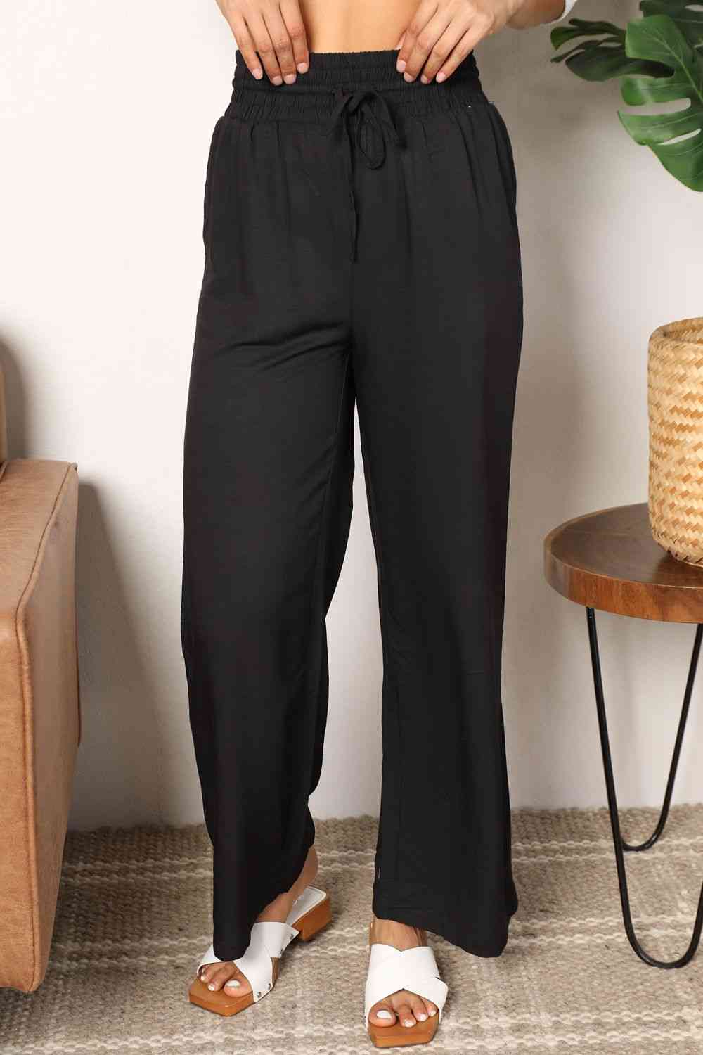 Double Take Drawstring Smocked Waist Wide Leg Pants 