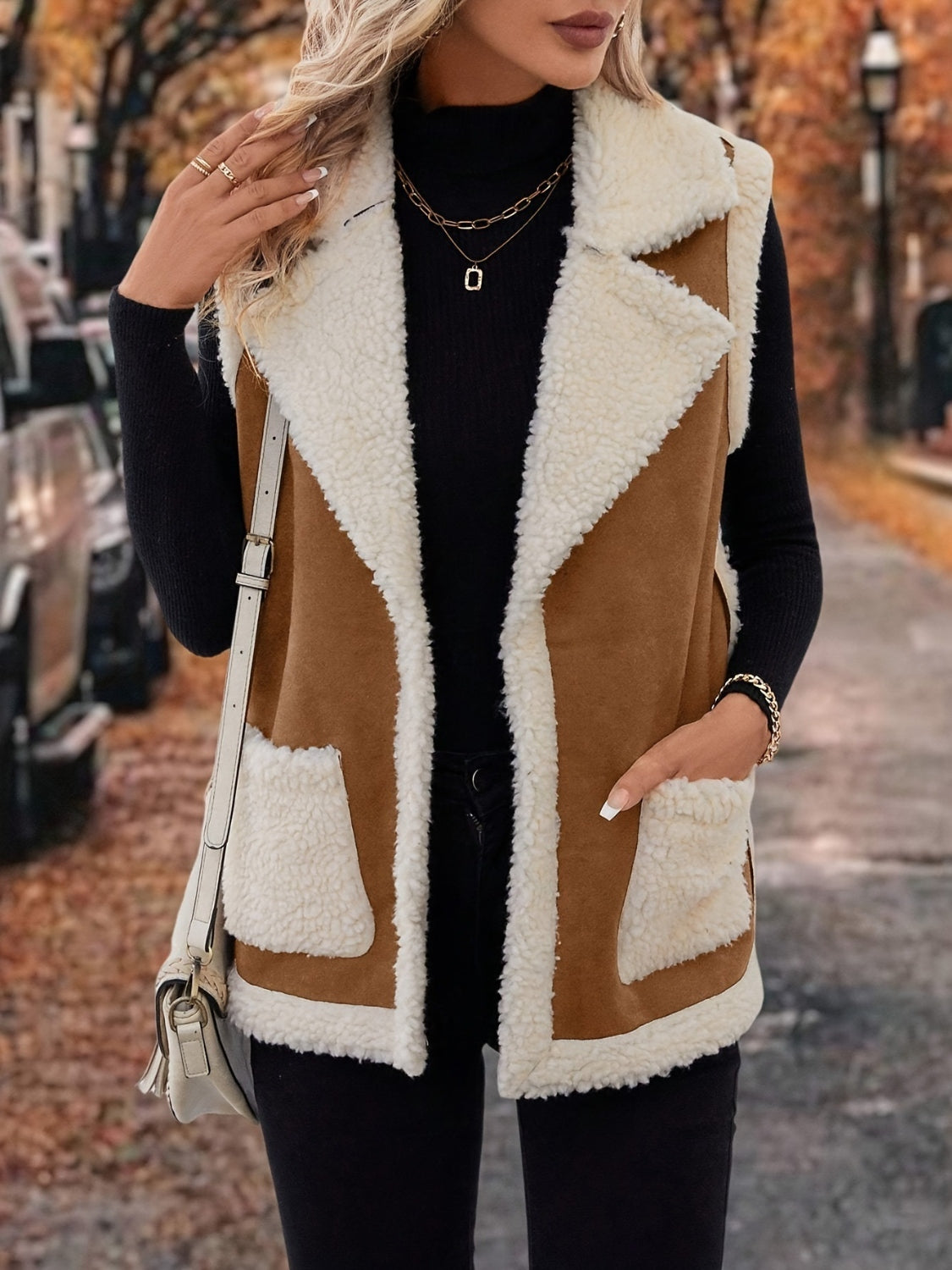 Full Size Contrast Open Front Sherpa Vest Coat 