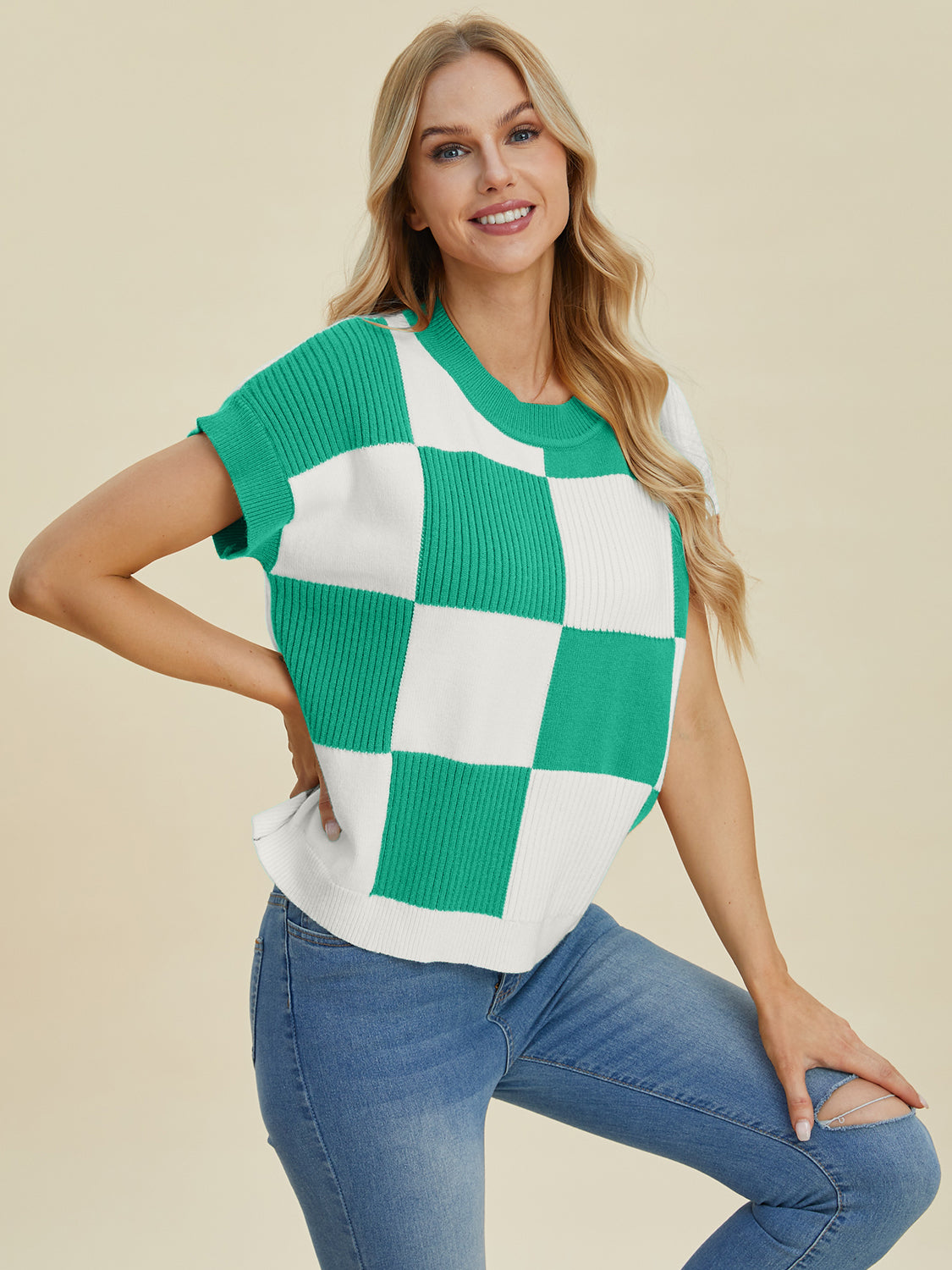 Double Take Full Size Checkered Round Neck Short Sleeve Sweater 