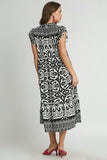 Umgee Full Size Two Tone Border Print Ruffle Cap Sleeve Midi Dress Plus Size Dresses