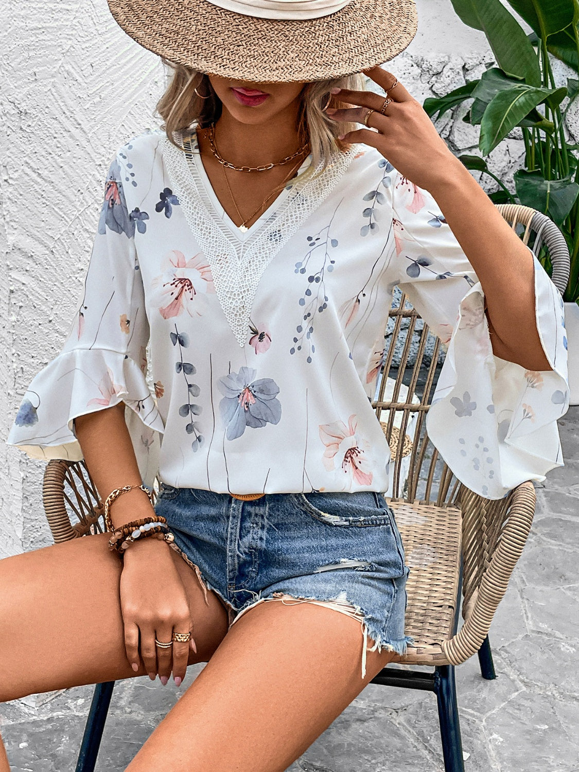 Honey Ruffled Printed V-Neck Half Sleeve Blouse 