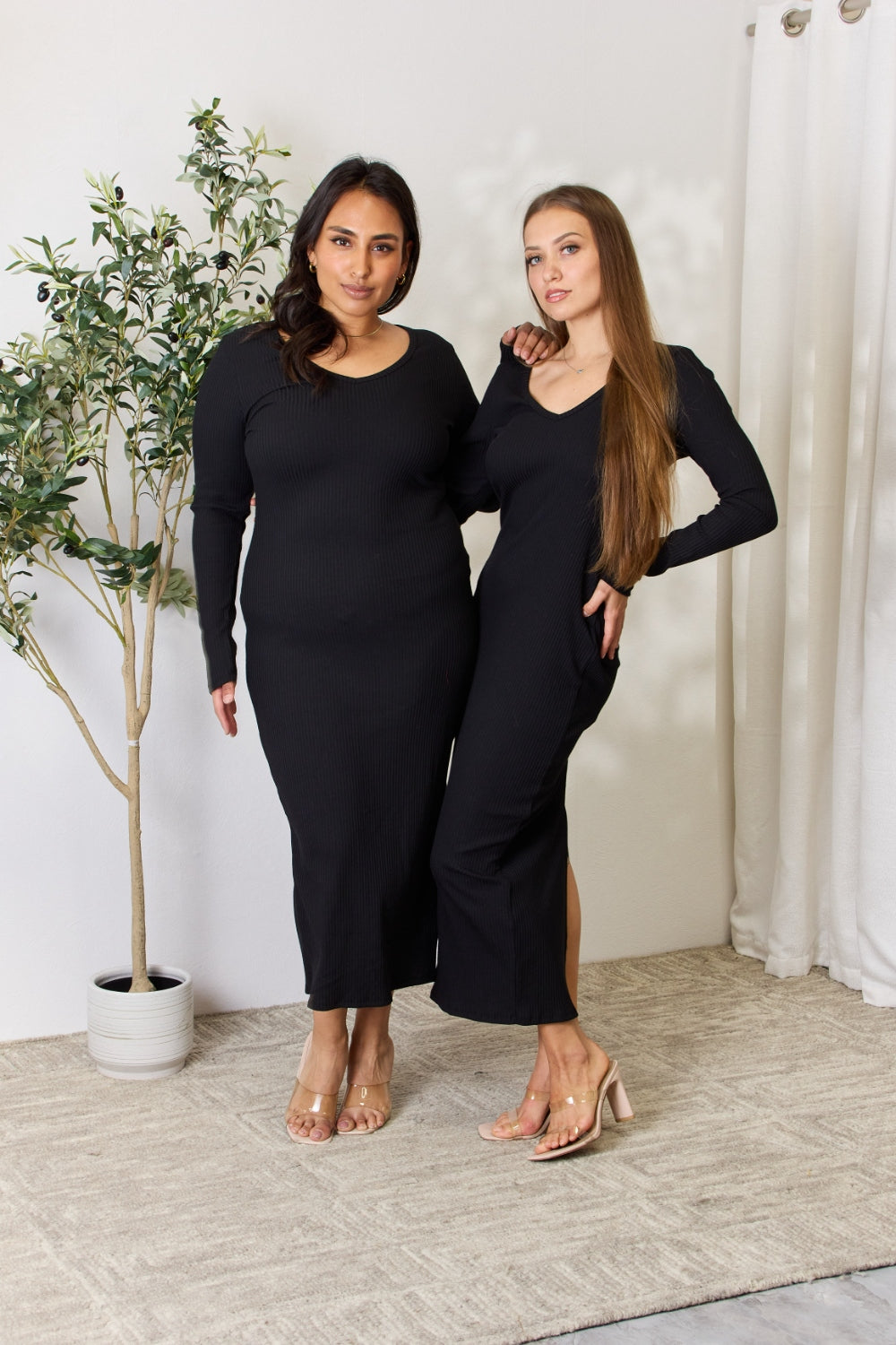Culture Code Full Size Ribbed Long Sleeve Midi Slit Dress 