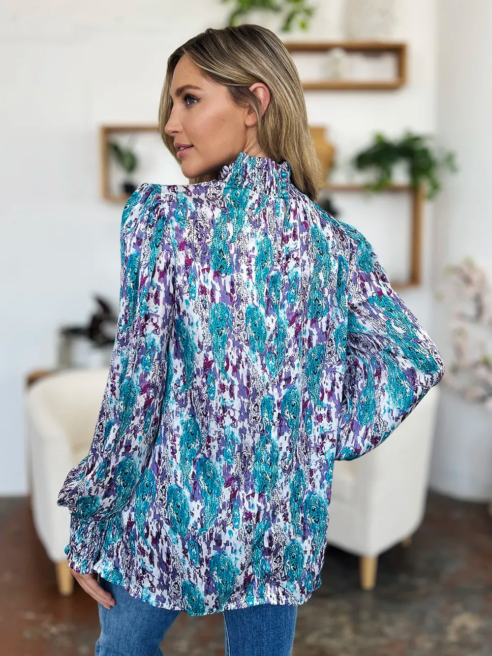 Double Take Full Size Printed Smocked Long Sleeve Blouse 