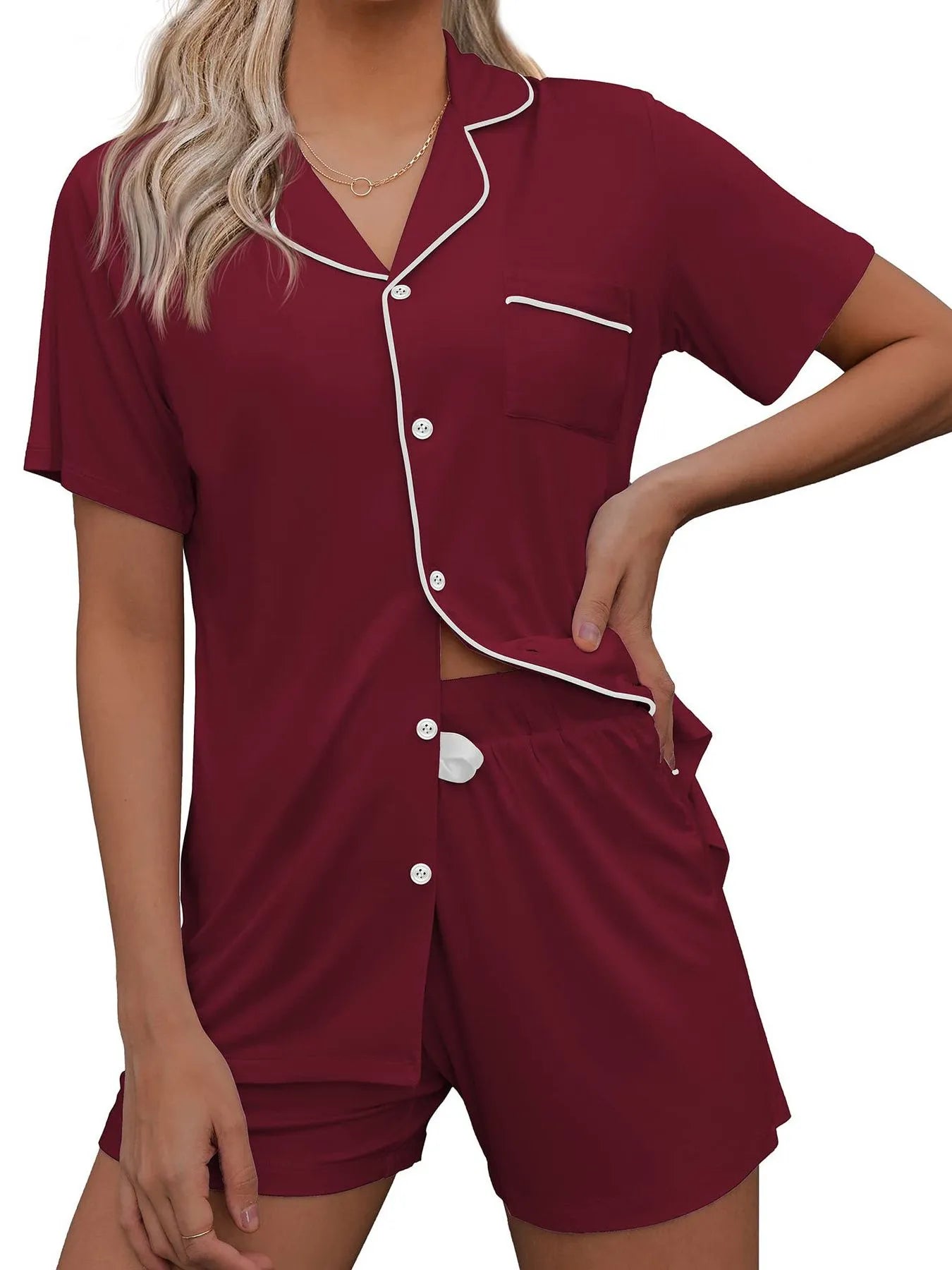 Button Up Short Sleeve Top and Shorts Lounge Set Lingerie & Nightwear