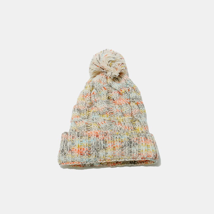 Contrast Cable-Knit Hat with Pompom 