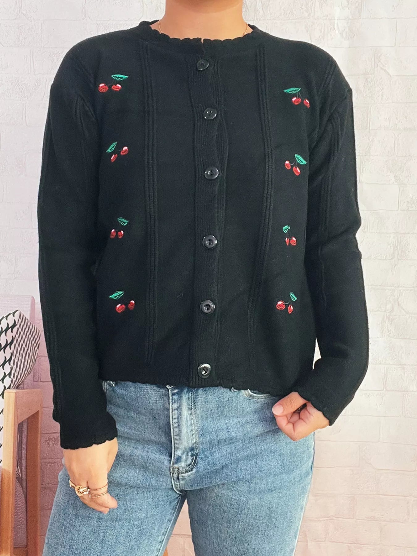 Cherry Embroidered Button Up Cardigan 