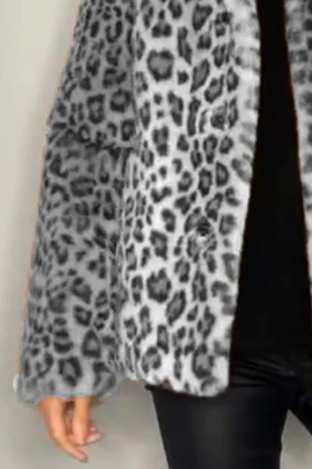 Full Size Leopard Furry Collared Neck Long Sleeve Coat 