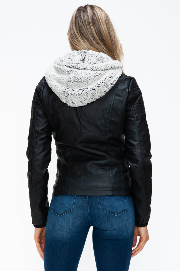 YMI Removable Faux Layered Multi-Pocket Jacket with Fuzzy Hood 