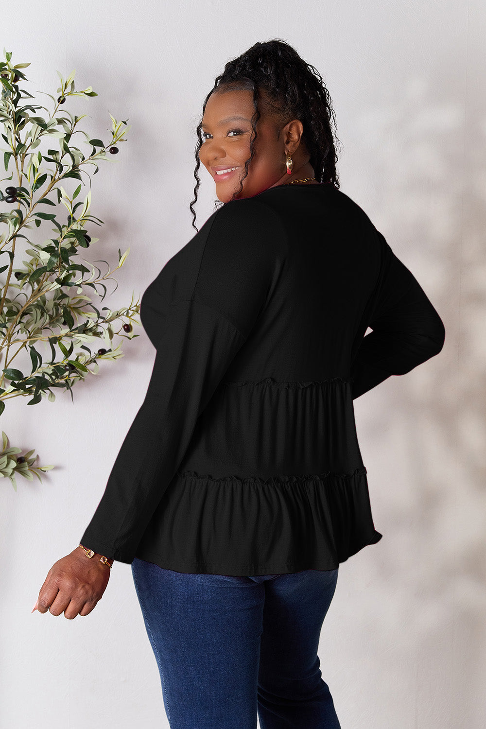 Double Take Half Button Long Sleeve Ruffle Hem Blouse 