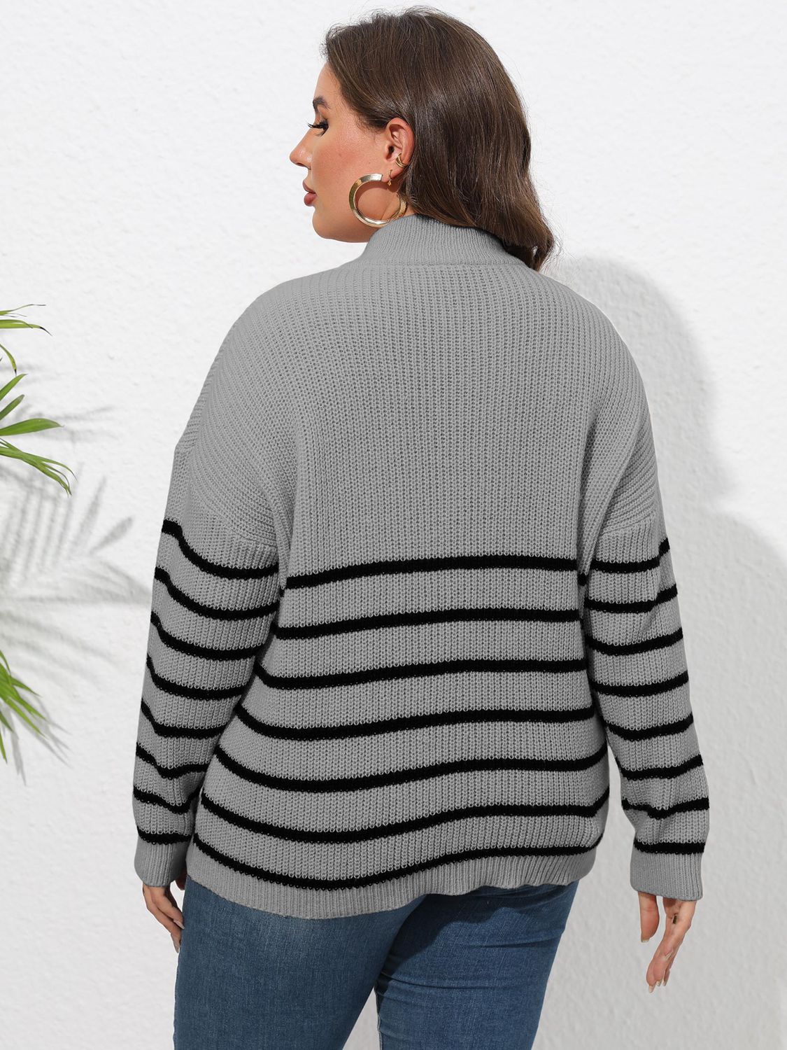 Plus Size Zip-Up Striped Sweater 