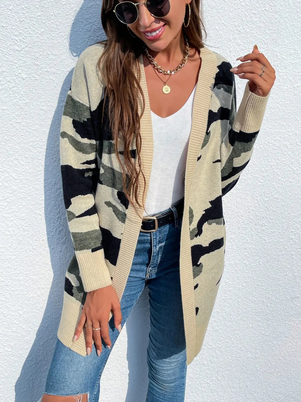 Camouflaged Dropped Shoulder Open Front Cardigan 