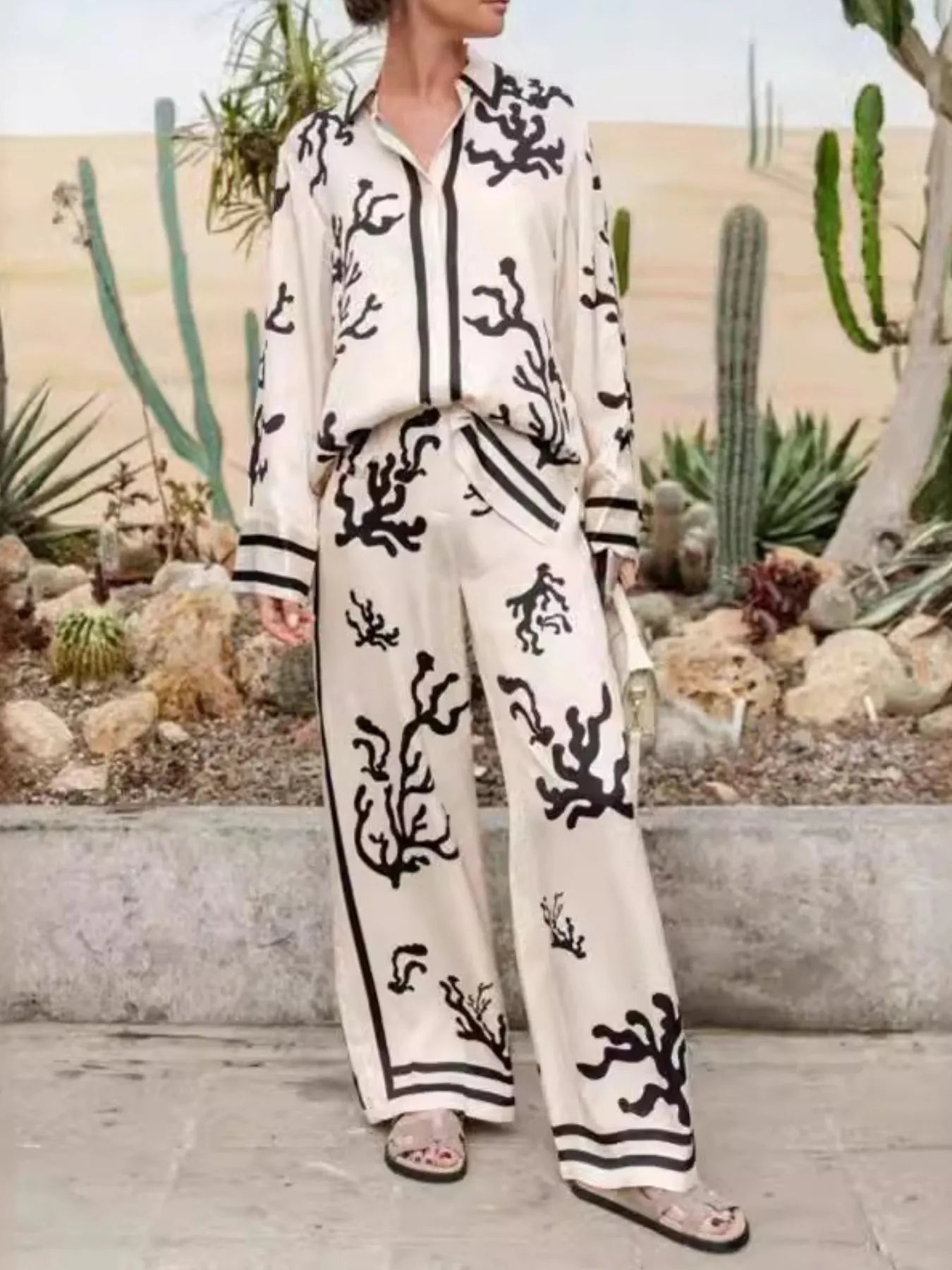 Printed Long Sleeve Shirt and Pants Set Two Piece Dresses