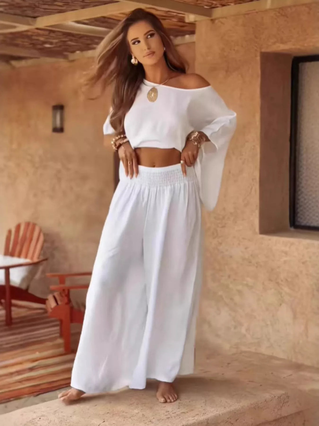Full Size Boat Neck Top and Wide Leg Pants Set Plus Size Two Piece Dresses