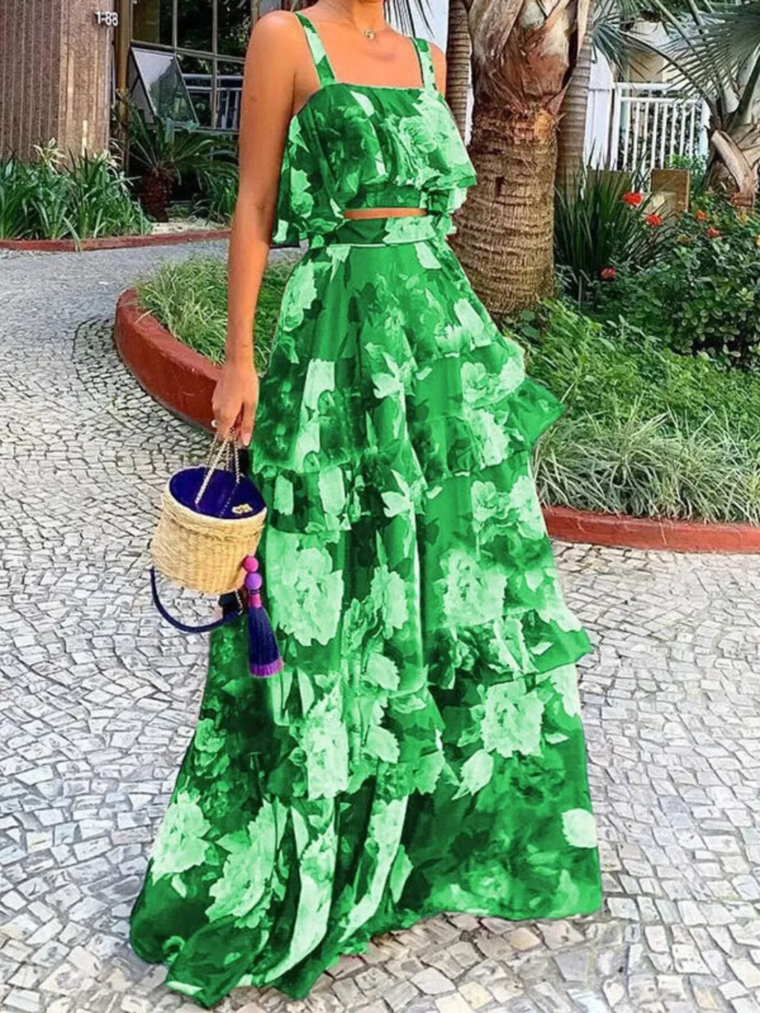 Full Size Floral Cami and Layered Skirt Set Plus Size Two Piece Dresses
