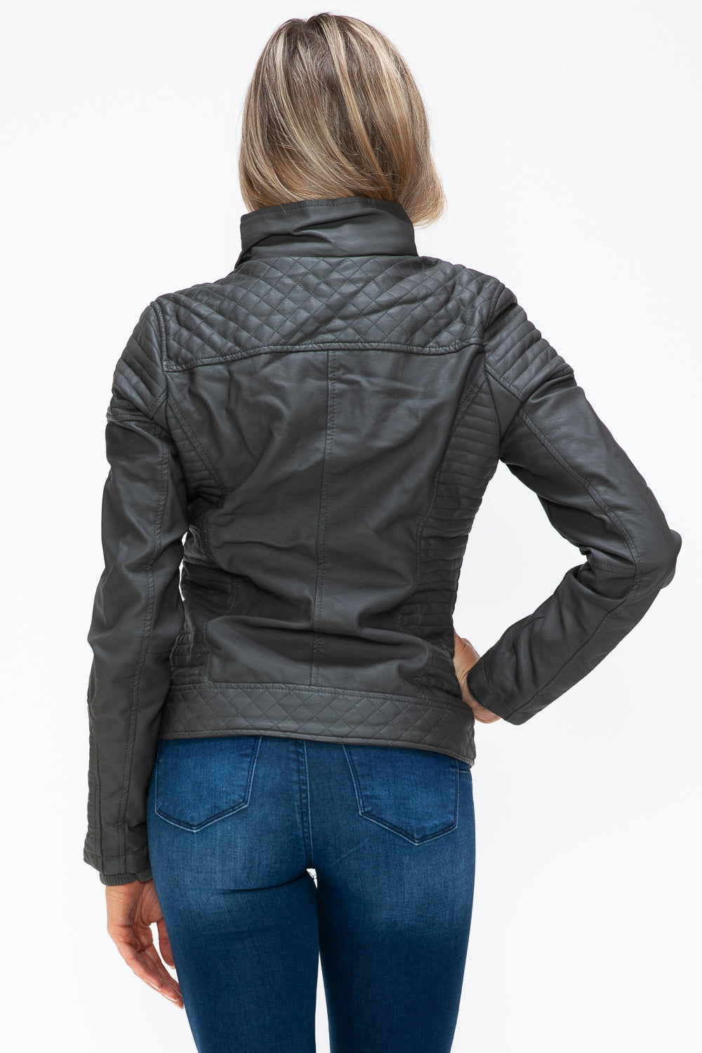YMI Faux Layered Double-Zipper Jacket with Fuzzy Hood 