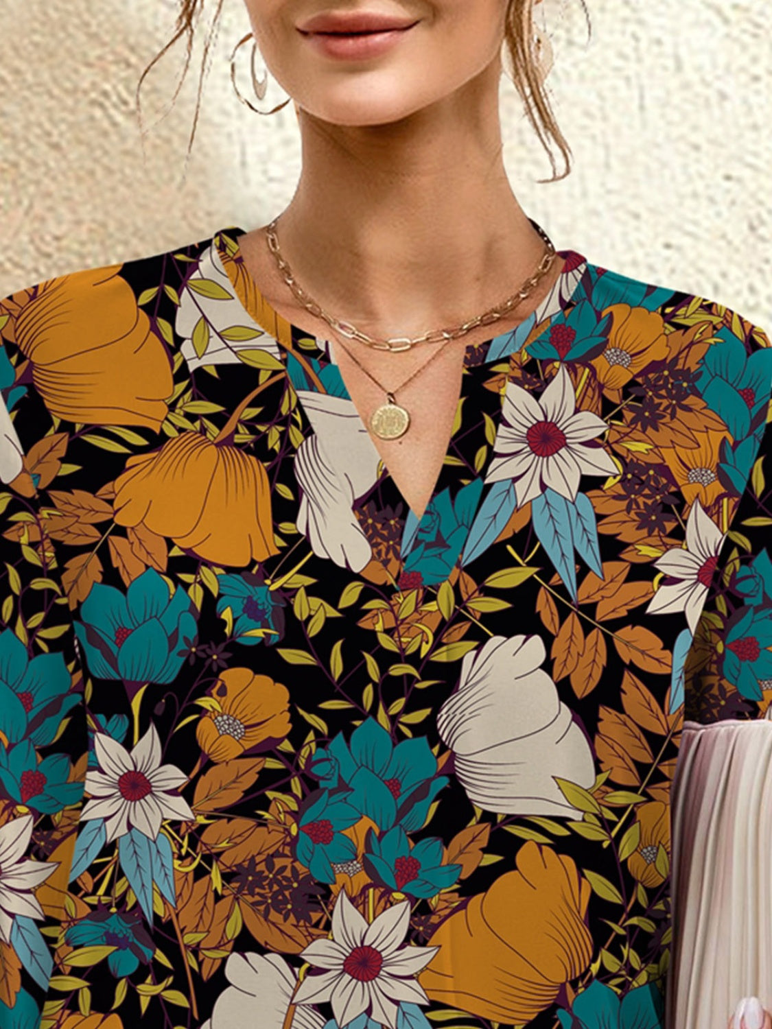 FAM-FAM Printed Notched Long Sleeve Blouse 