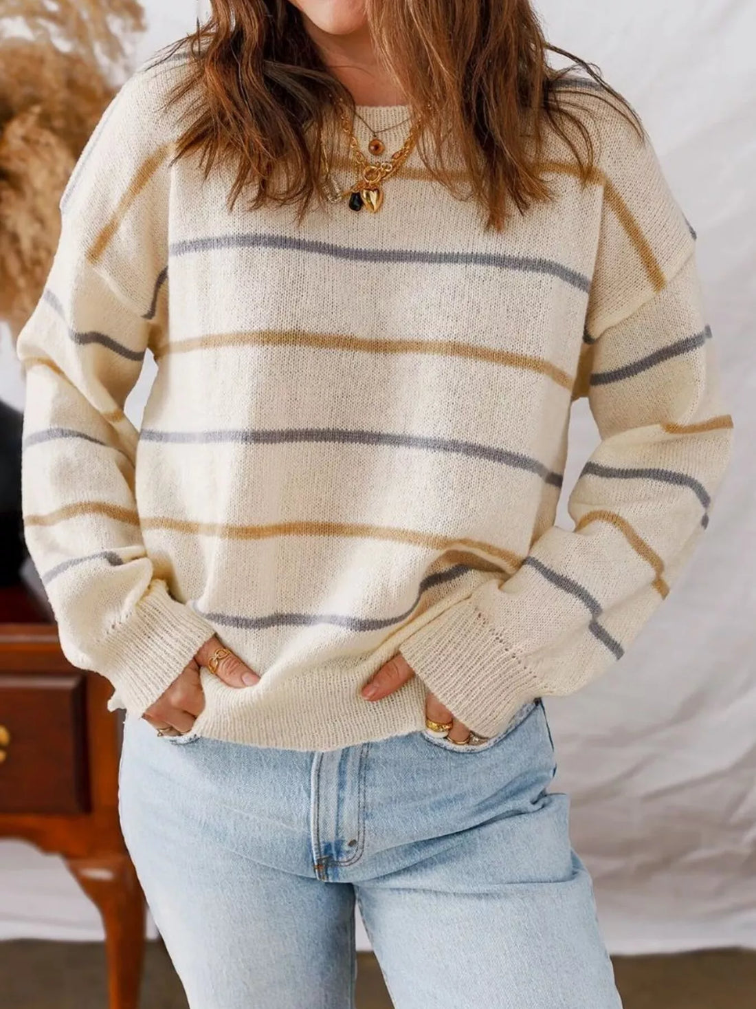 Striped Round Neck Drop Shoulder Sweater 