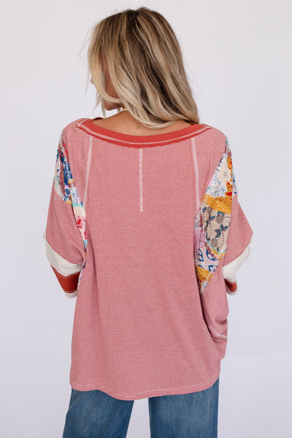 Striped Floral Patchwork Round Neck Top 