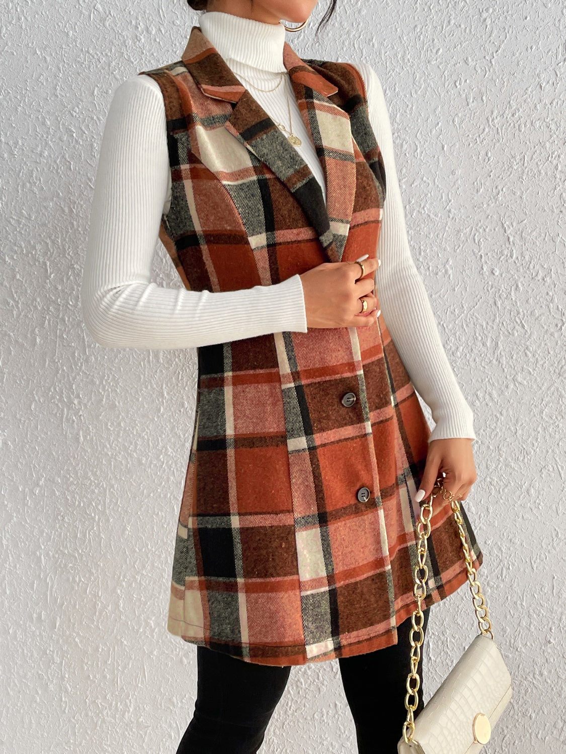 Honey Plaid Button Up Vest Coat 