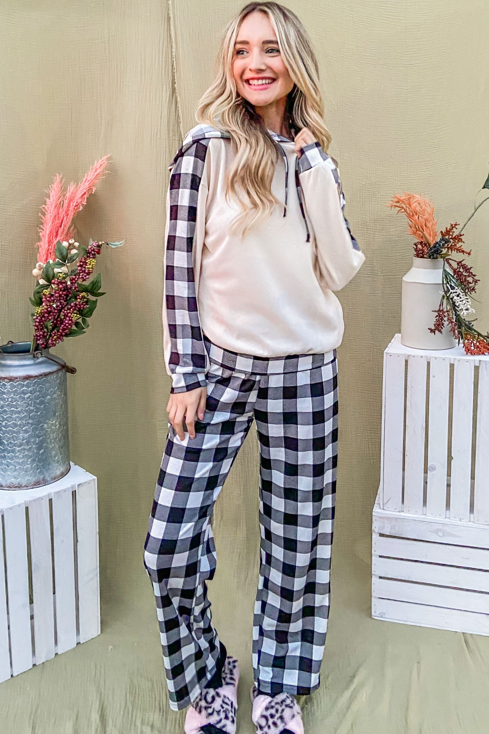 And The Why Drawstring Hooded Top and Plaid Pants Lounge Set 