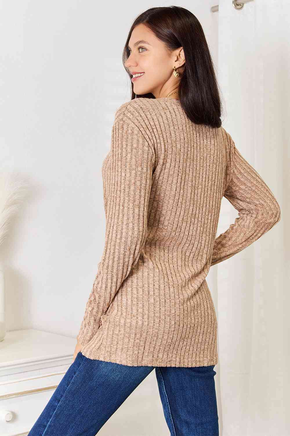 Double Take Notched Neck Ribbed Long Sleeve T-Shirt 