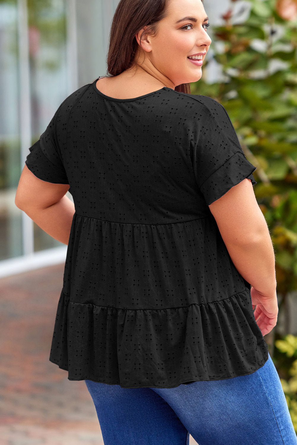 Plus Size Eyelet Round Neck Short Sleeve Blouse 