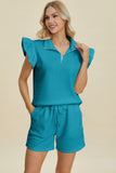 Double Take Full Size Texture Flounce Sleeve Top and Shorts Set 