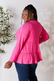 Double Take Half Button Long Sleeve Ruffle Hem Blouse 