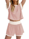Full Size Contrast Striped T-Shirt and Shorts Set Plus Size Two Piece Dresses
