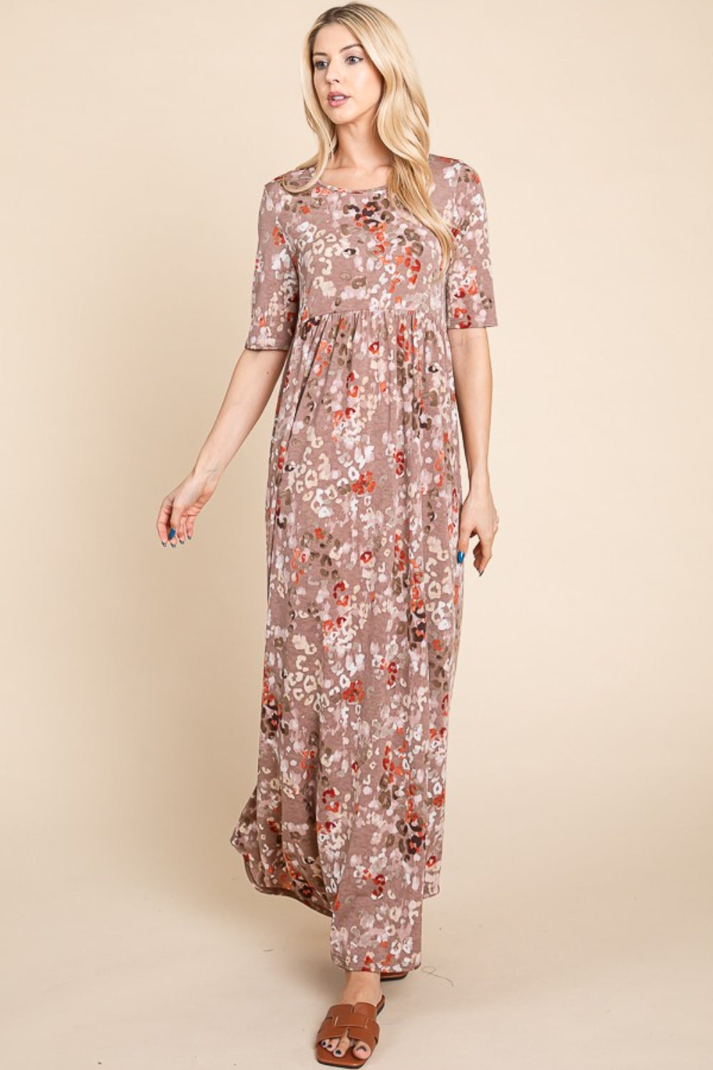 BOMBOM Printed Shirred Maxi Dress 