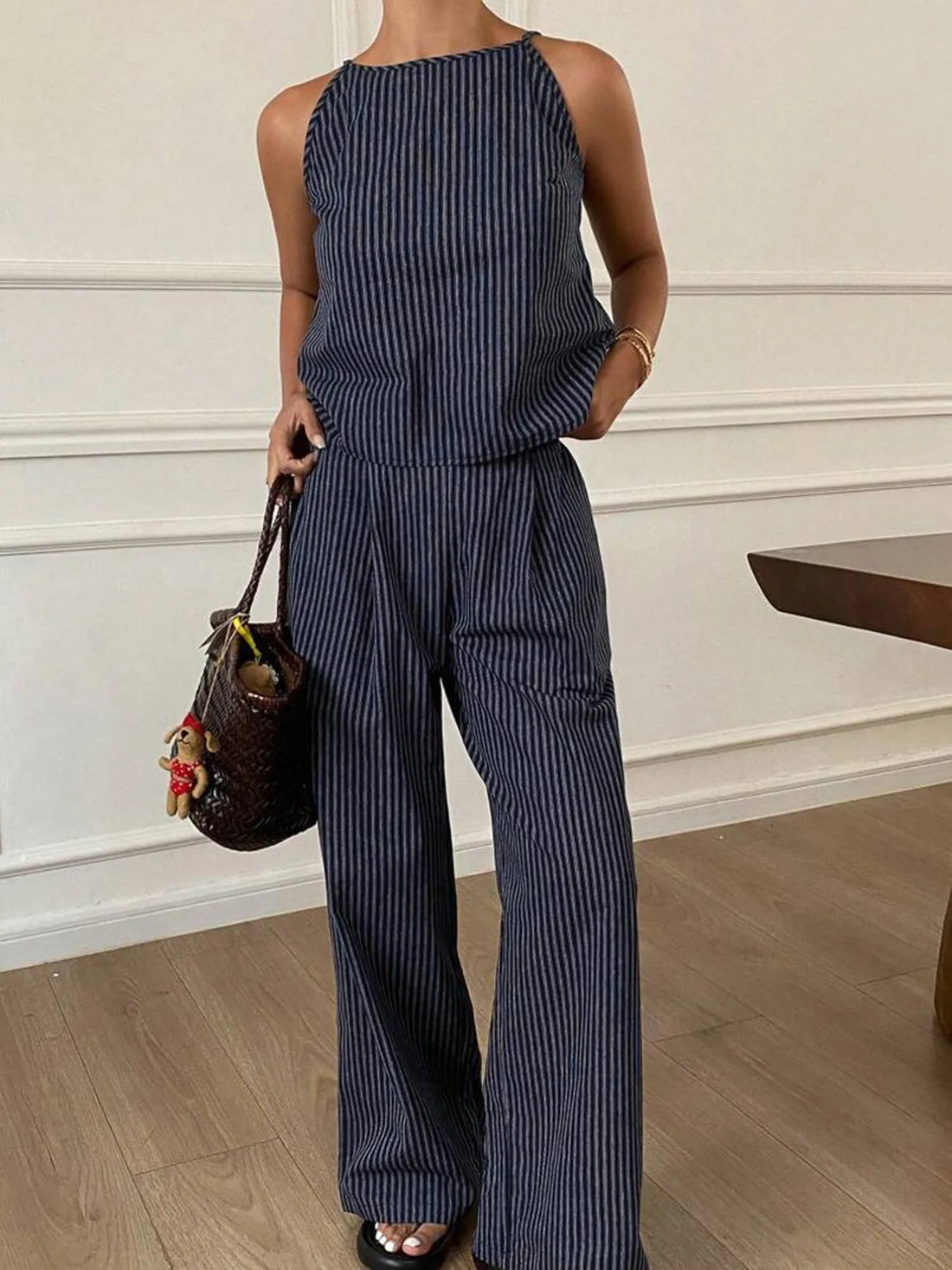 Striped Round Neck Tank and Wide Leg Pants Set Two Piece Dresses