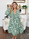 Double Take Full Size Printed Ruched Balloon Sleeve Dress 