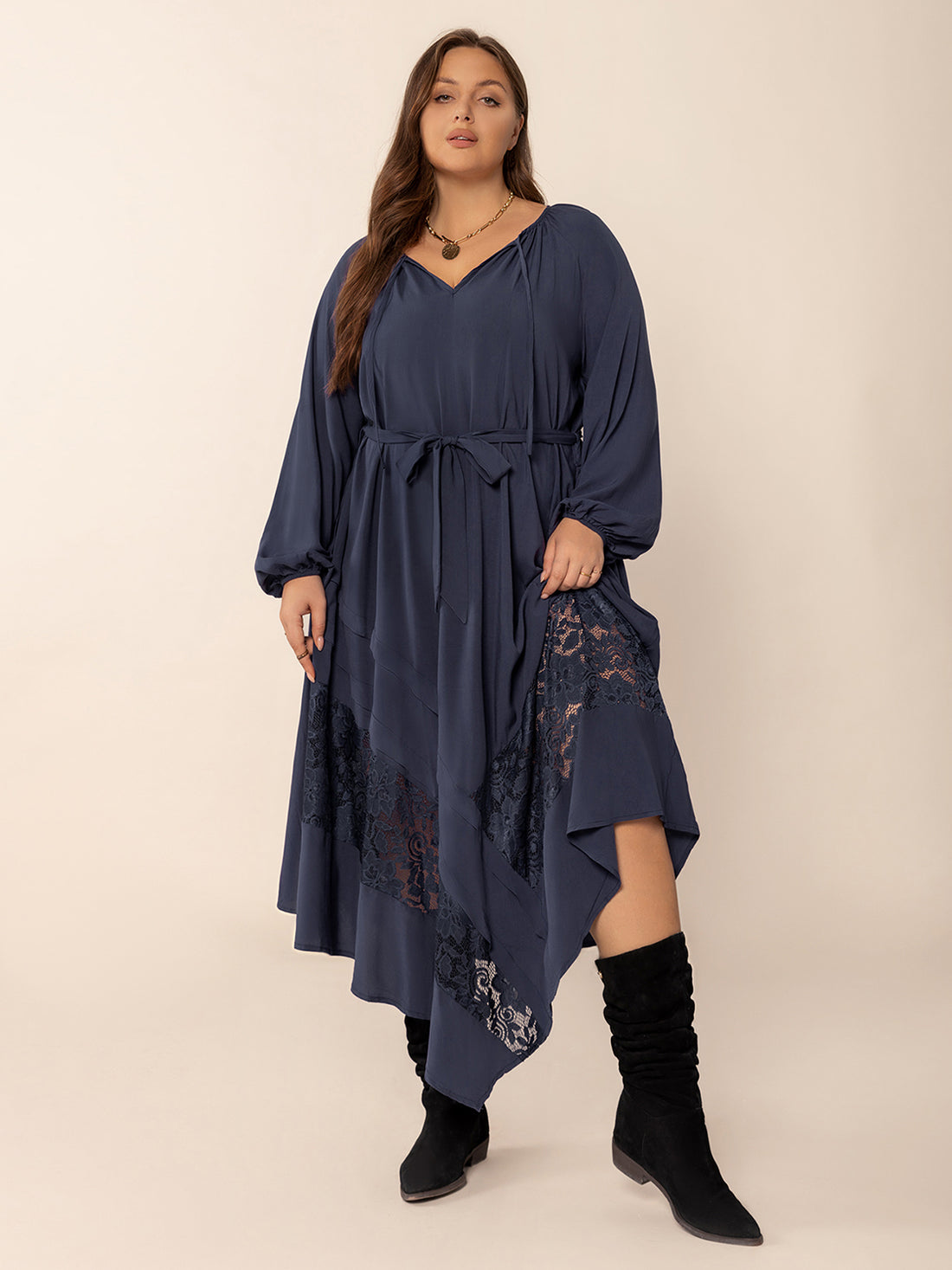 Plus Size Lace Detail Tie Neck Long Sleeve Midi Dress 