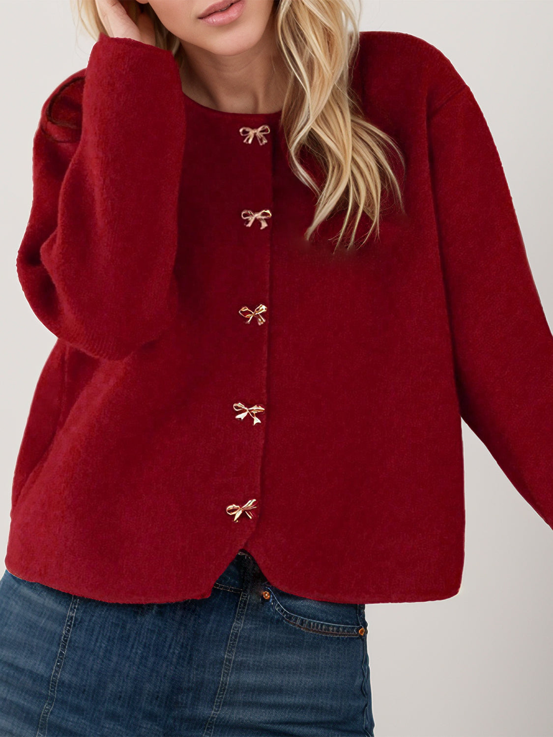 Bow Button Down Round Neck Long Sleeve Cardigan 