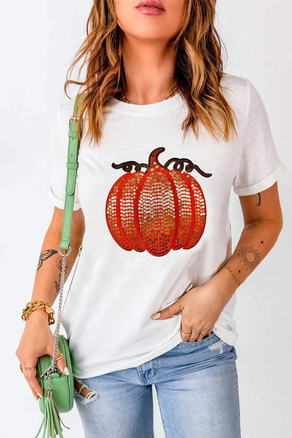Full Size Sequin Pumpkin Round Neck Short Sleeve T-Shirt 