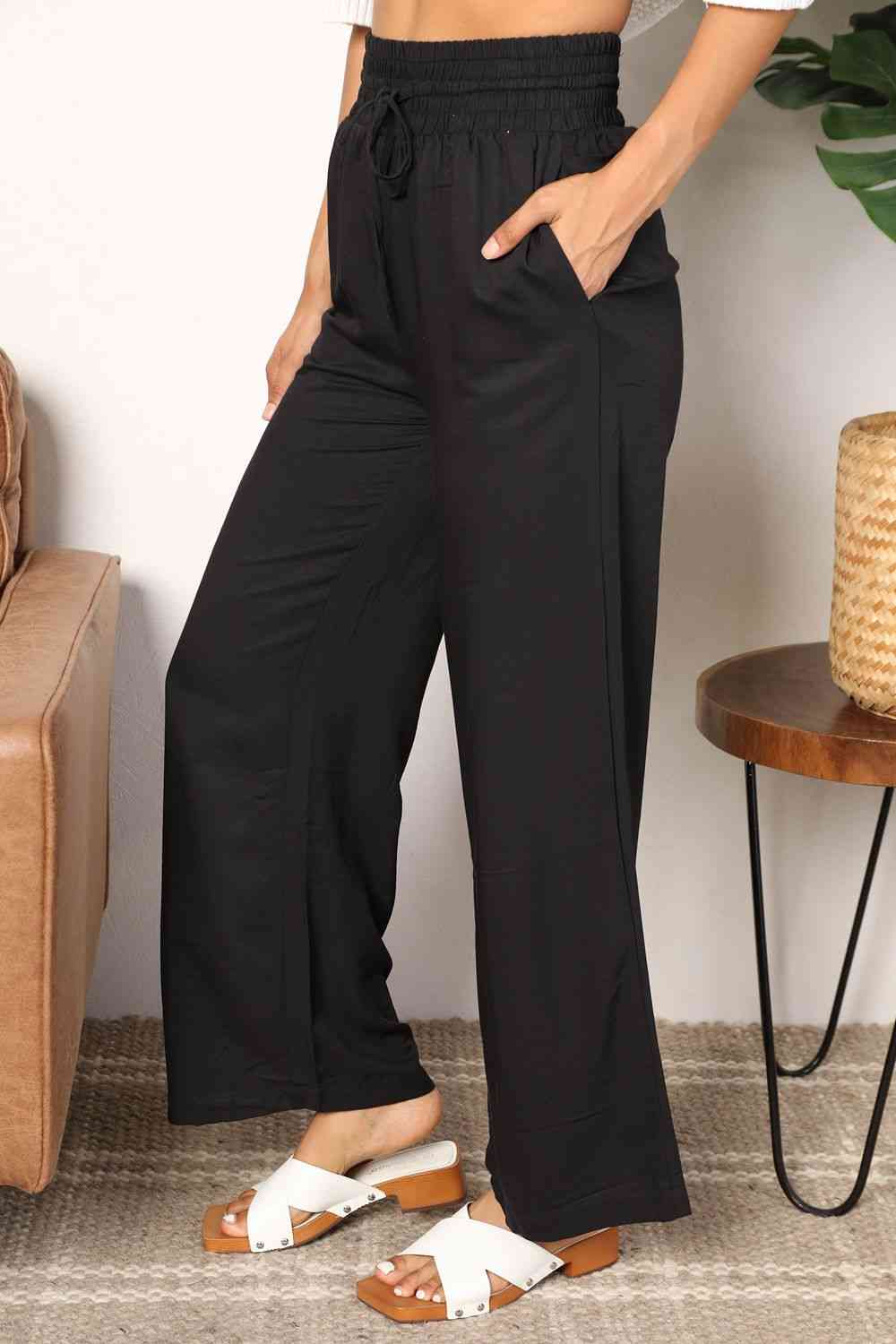 Double Take Drawstring Smocked Waist Wide Leg Pants 