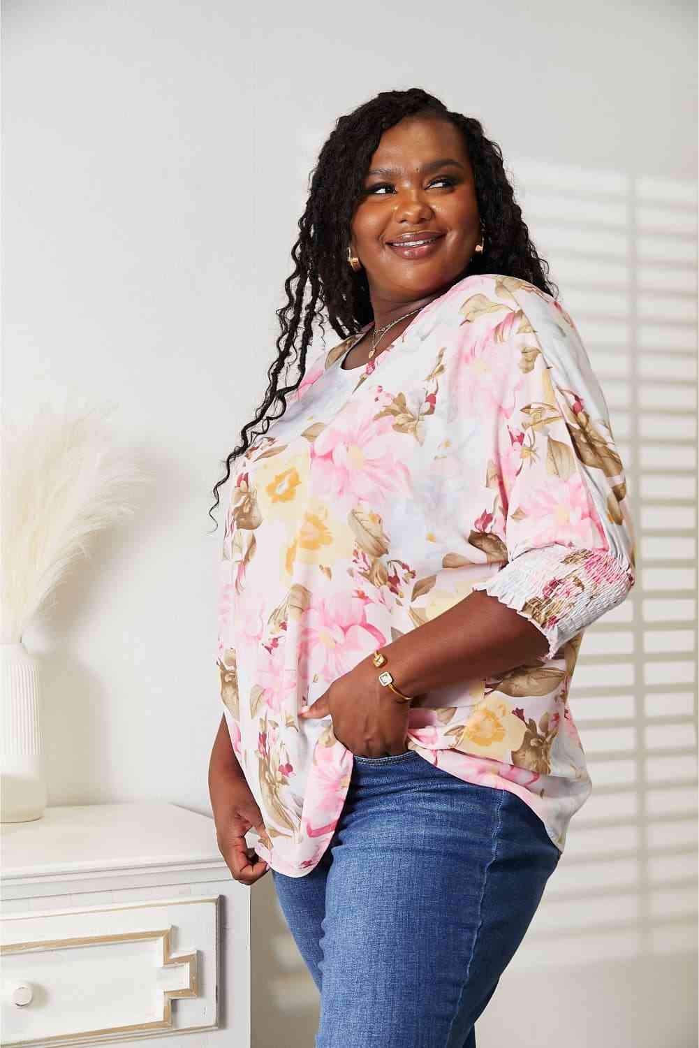 Double Take Floral Round Neck Three-Quarter Sleeve Top 